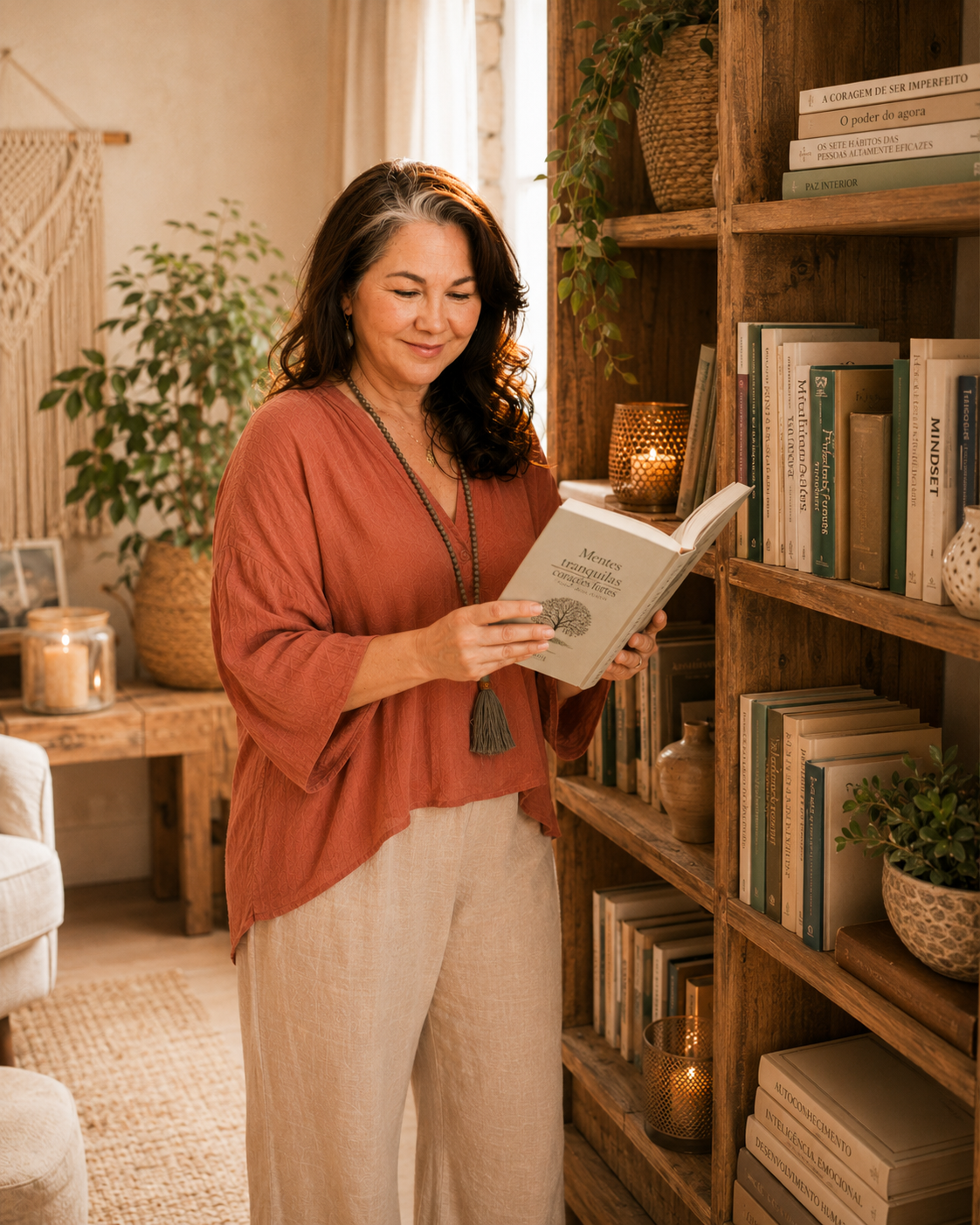 Márcia Magalhães lendo junto à estante de livros
